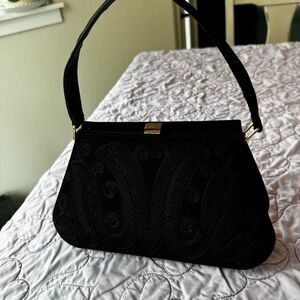 Vintage Argentine Black Goat Suede Handbag | Cord Embroidered Paisley | Gold-Ton